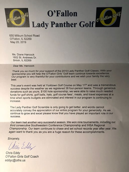 Thank You Letter to Hancock Irrigation from O'Fallon Girls' Golf Team -  Hancock Irrigation Services Inc.